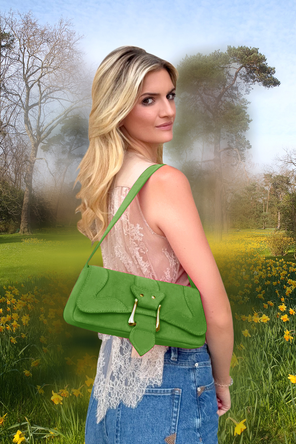 Petit sac baguette habillé femme en cuir vert anis - Vue du dessus