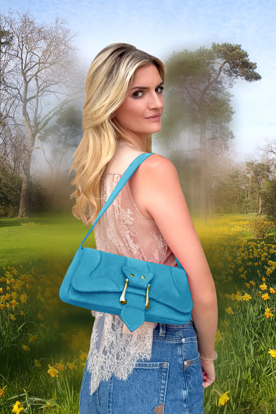 Petit sac baguette habillé femme en cuir bleu turquoise - Vue du dessus