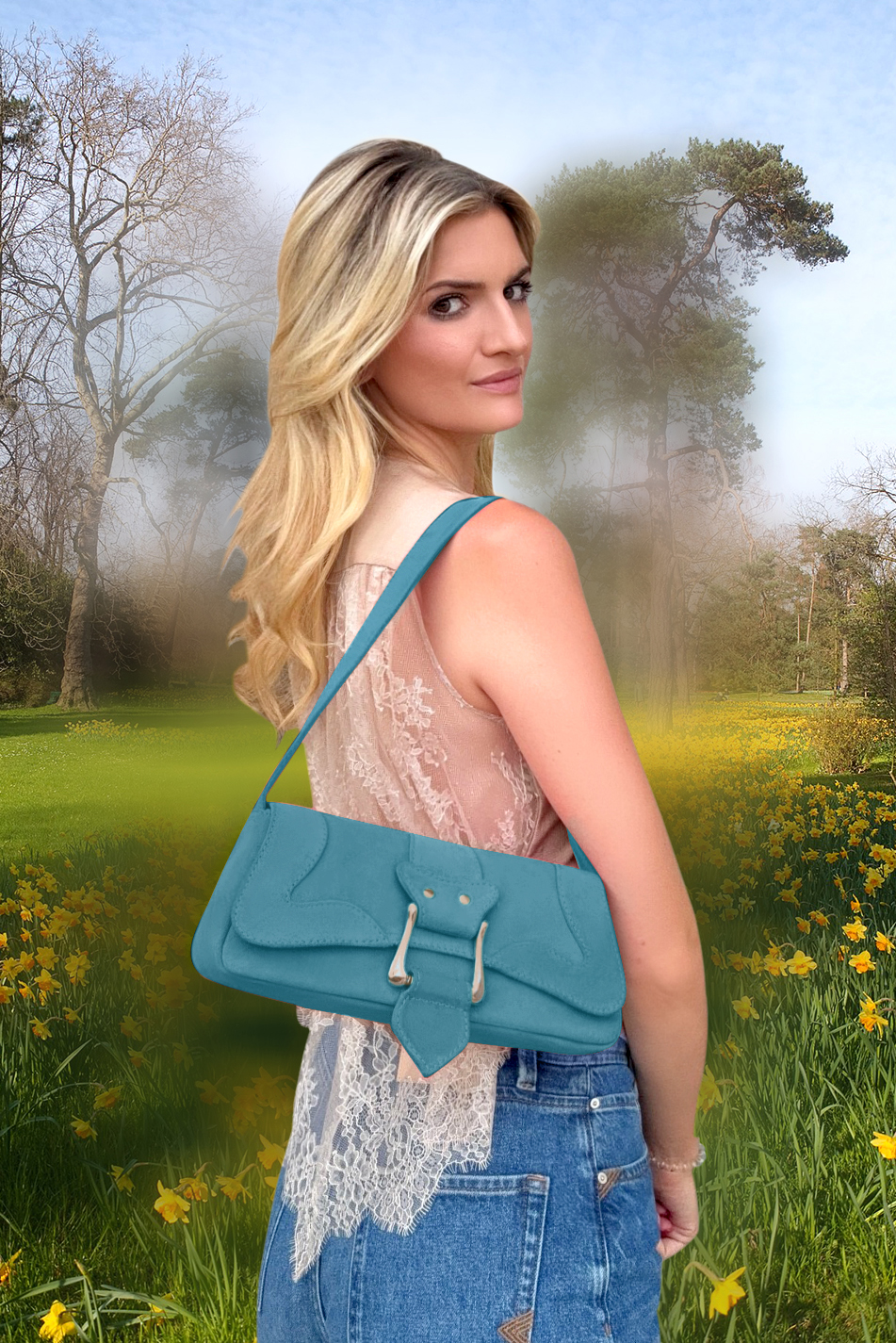 Petit sac baguette habillé femme en cuir bleu canard - Vue du dessus