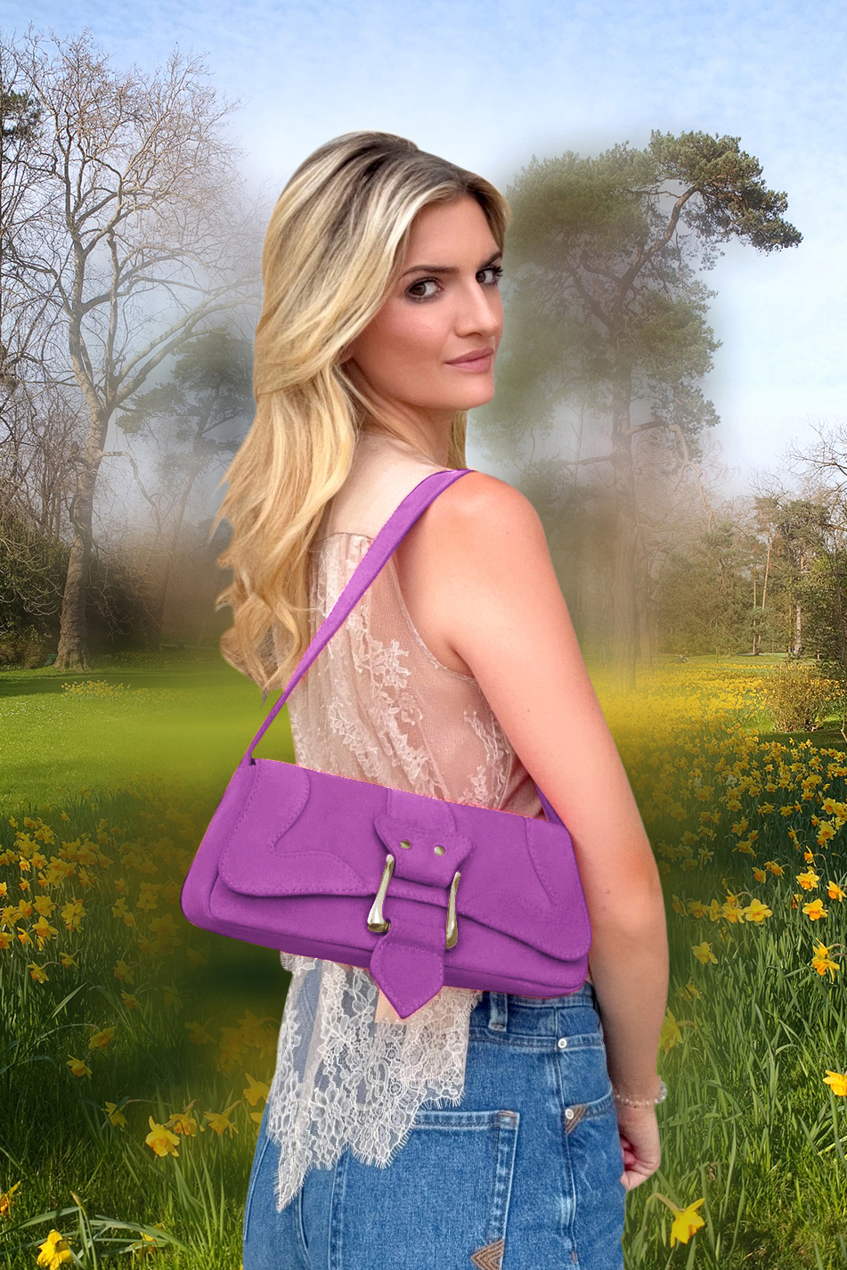 Petit sac baguette habillé femme en cuir violet mauve - Vue du dessus