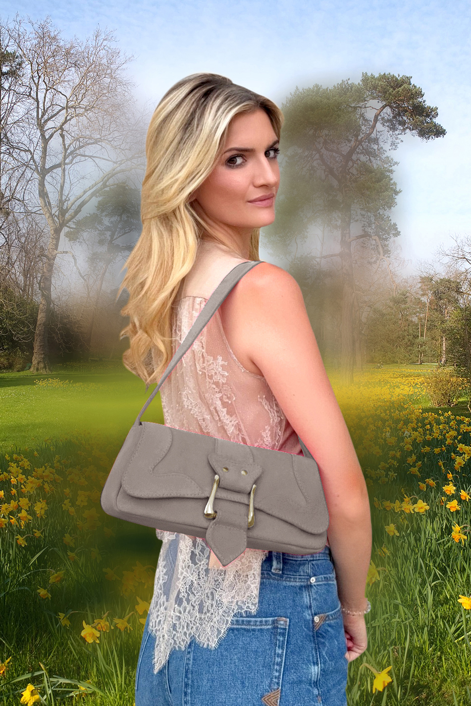 Petit sac baguette habillé femme en cuir beige mastic - Vue du dessus
