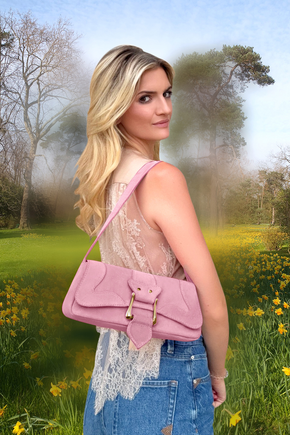 Petit sac baguette habillé femme en cuir rose camélia - Vue du dessus