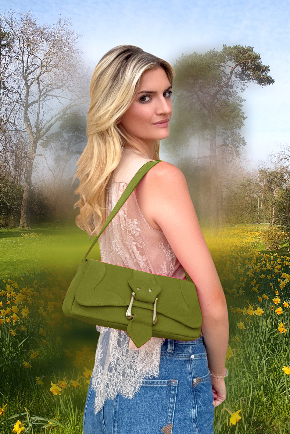 Petit sac baguette habillé femme en cuir vert pistache - Vue du dessus