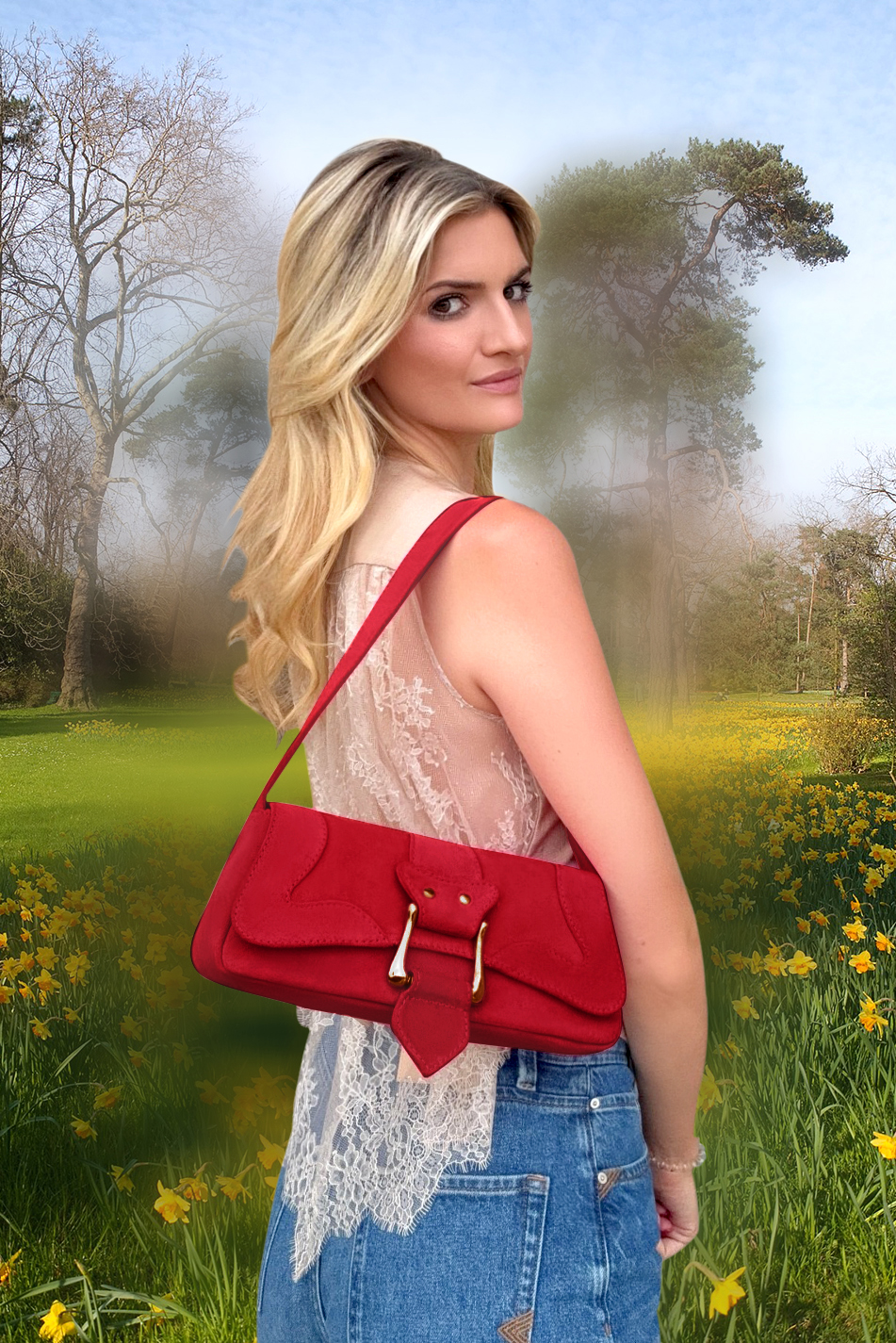 Petit sac baguette habillé femme en cuir rouge carmin - Vue du dessus