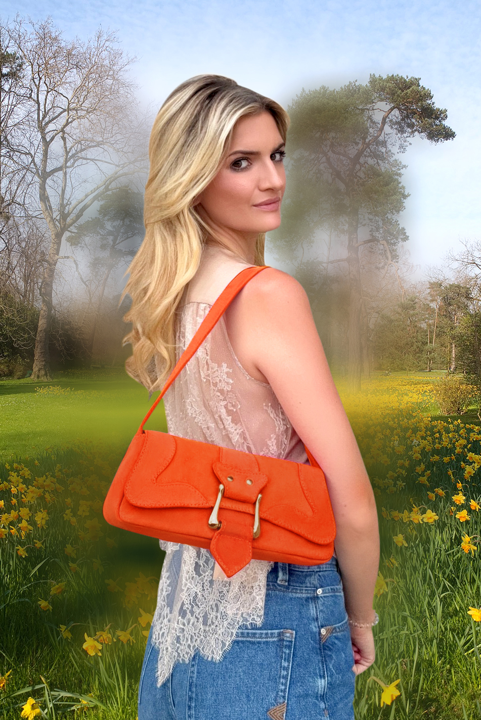 Petit sac à main habillé en cuir orange clémentine - Vue du dessus