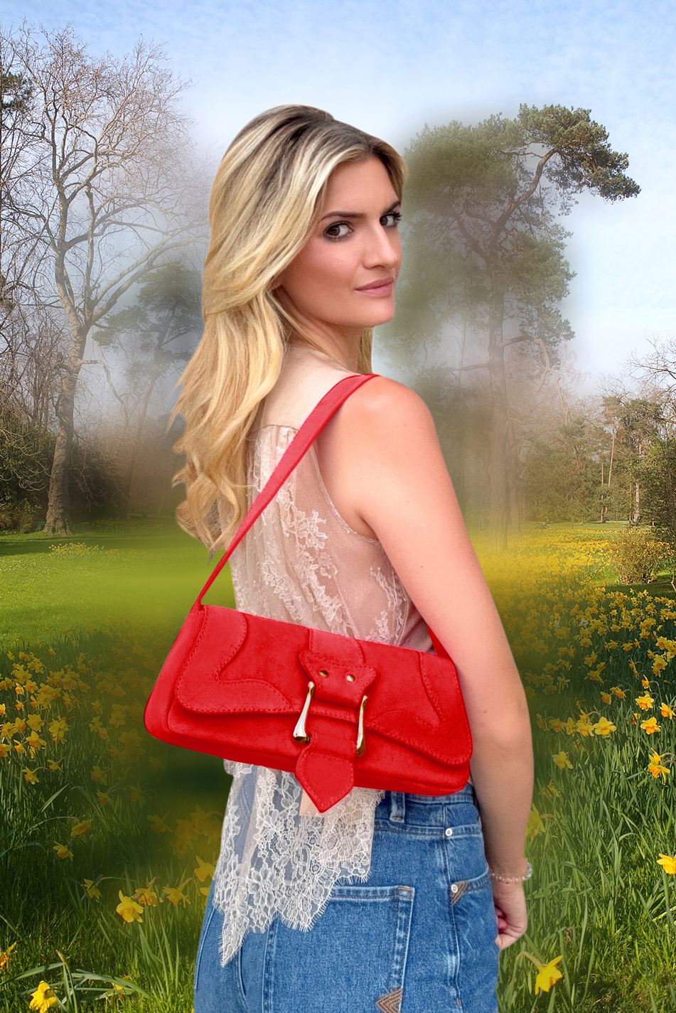 Petit sac baguette habillé femme en cuir rouge coquelicot - Vue du dessus