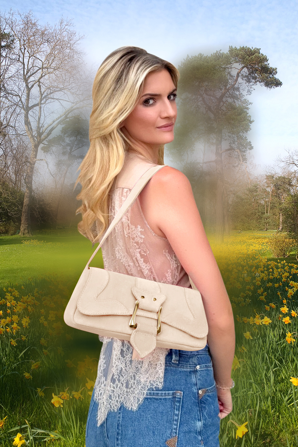 Petit sac baguette habillé femme en cuir beige vanille - Vue du dessus