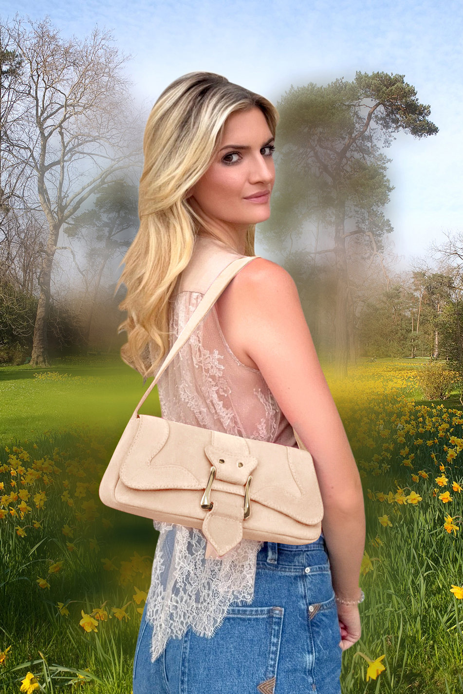 Petit sac baguette habillé femme en cuir rose poudré - Vue du dessus