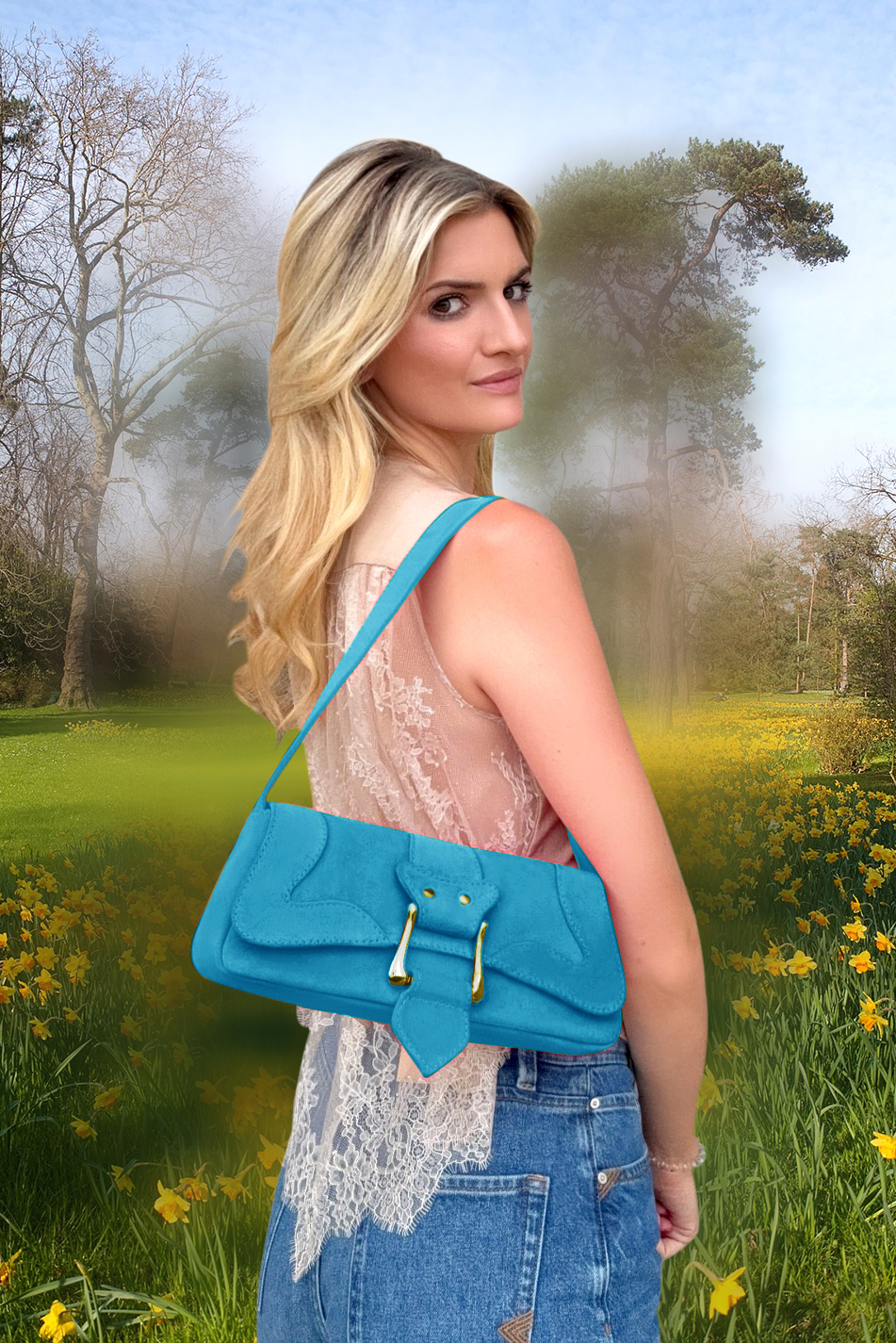 Petit sac baguette habillé femme en cuir bleu turquoise - Vue du dessus