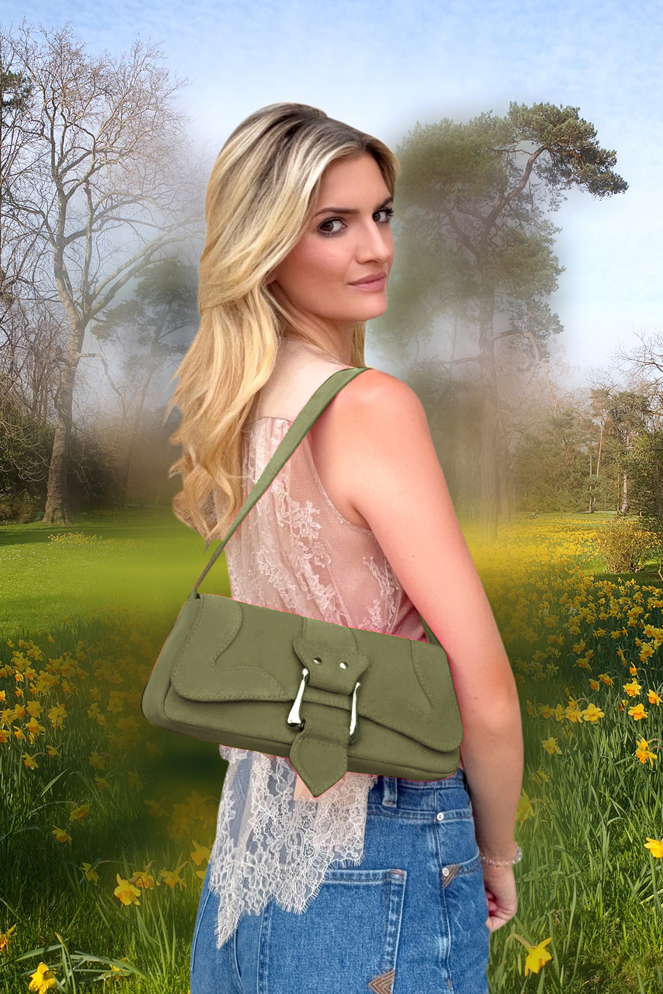 Petit sac baguette habillé femme en cuir vert kaki - Vue du dessus