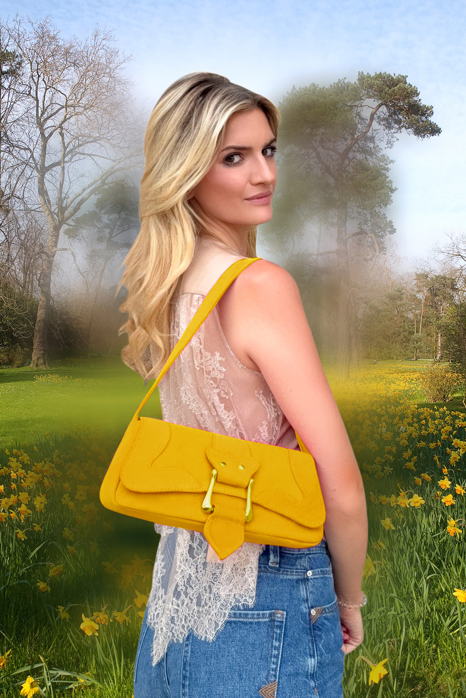 Petit sac baguette habillé femme en cuir jaune - Vue du dessus