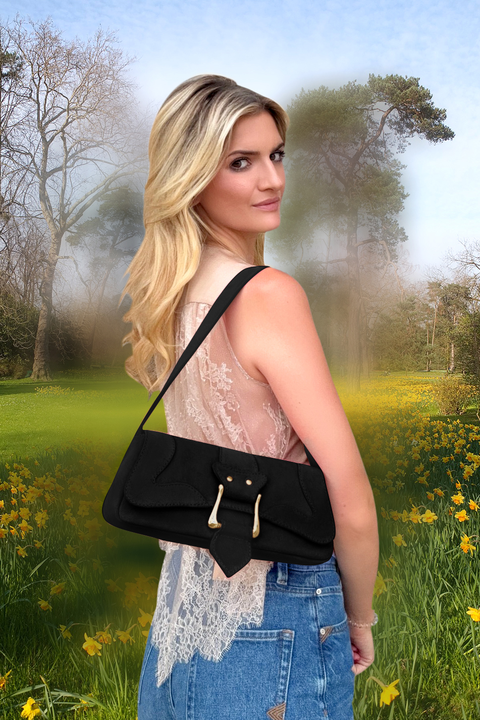 Petit sac baguette habillé femme en cuir noir mat - Vue du dessus