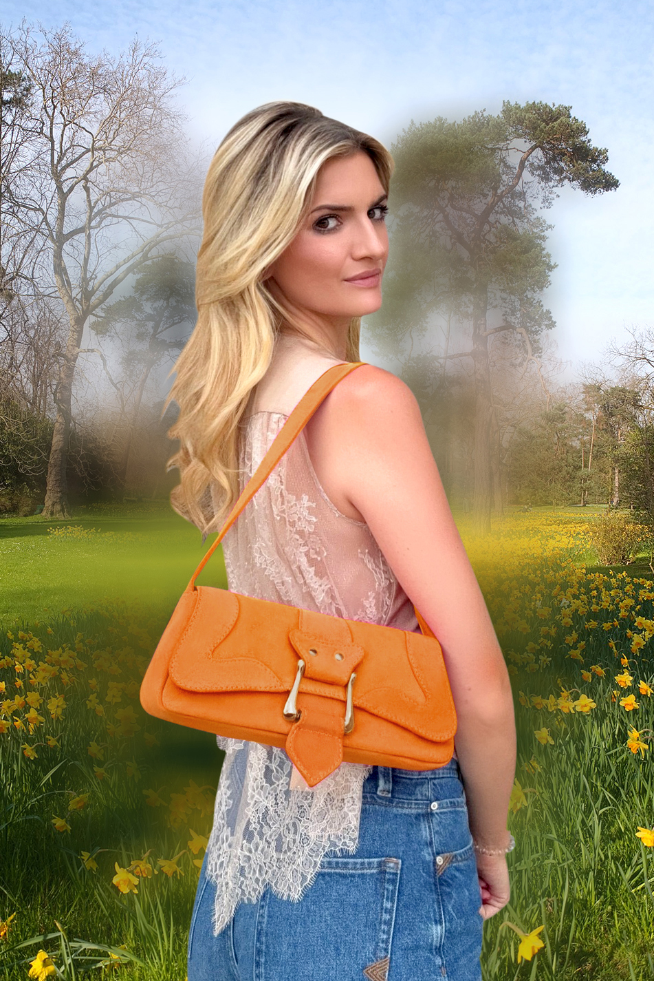 Petit sac baguette habillé femme en cuir orange abricot - Vue du dessus
