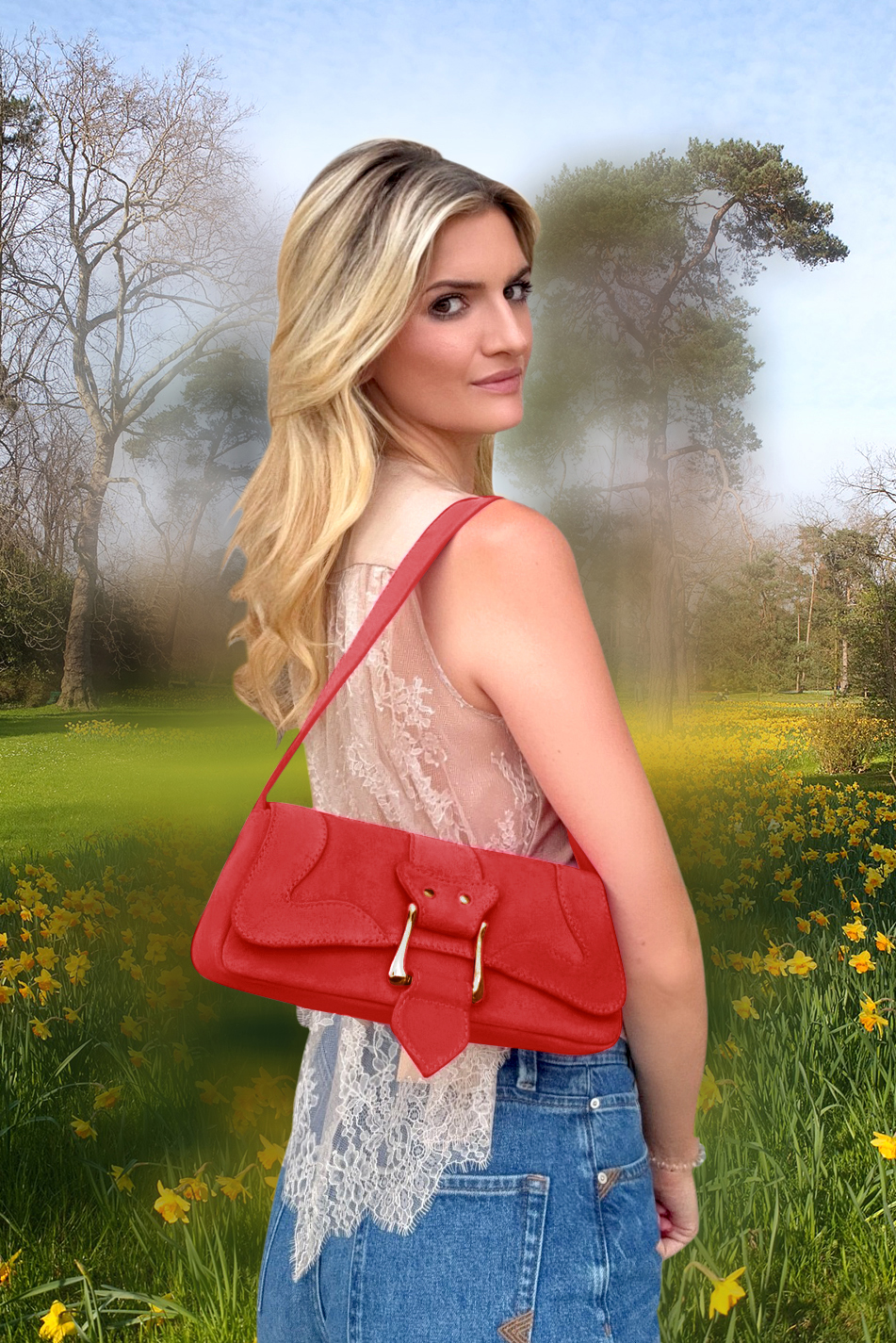 Petit sac baguette habillé femme en cuir rouge coquelicot - Vue du dessus