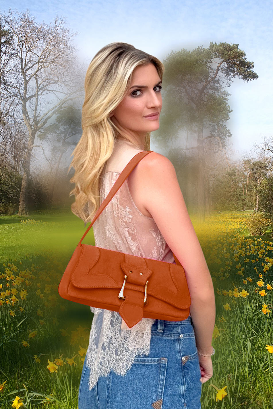 Petit sac baguette habillé femme en cuir orange corail - Vue du dessus
