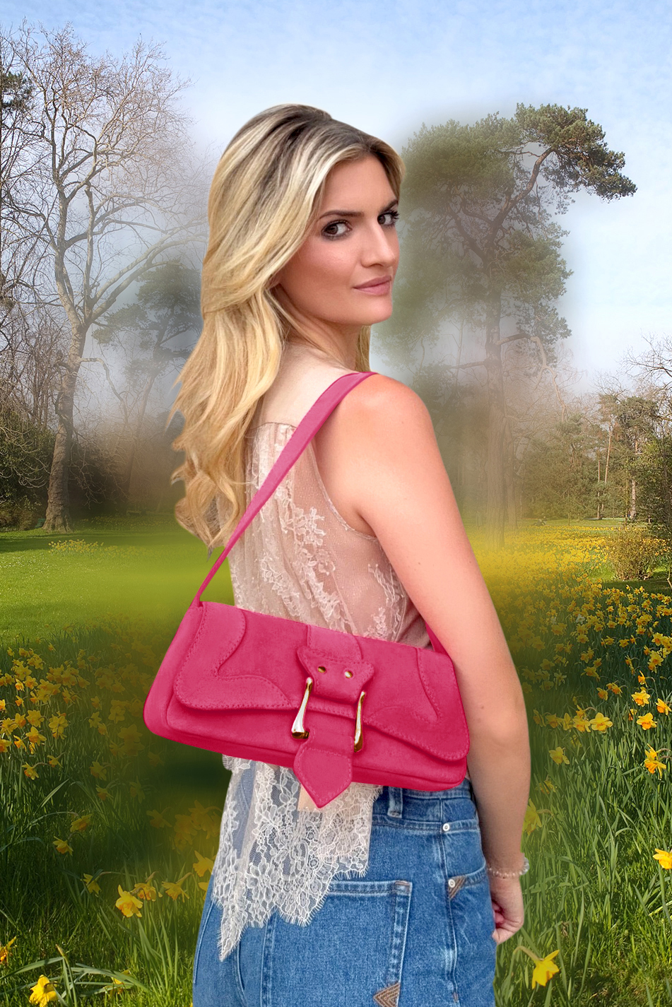 Petit sac baguette habillé femme en cuir rose fuchsia - Vue du dessus