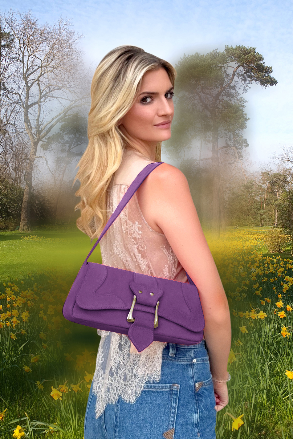 Petit sac baguette habillé femme en cuir violet améthyste - Vue du dessus