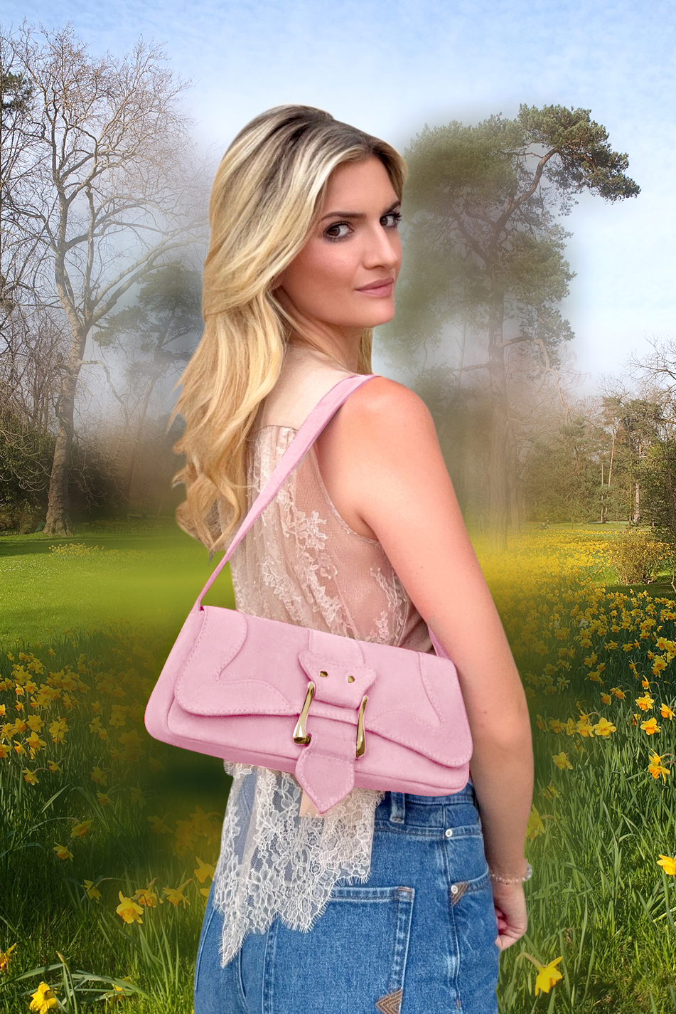 Petit sac baguette habillé femme en cuir rose pâle - Vue du dessus