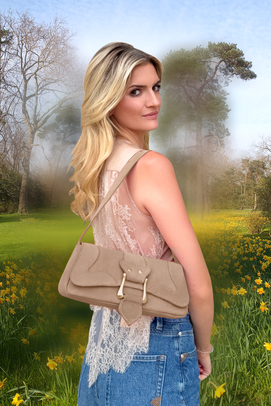 Petit sac baguette habillé femme en cuir beige sahara - Vue du dessus