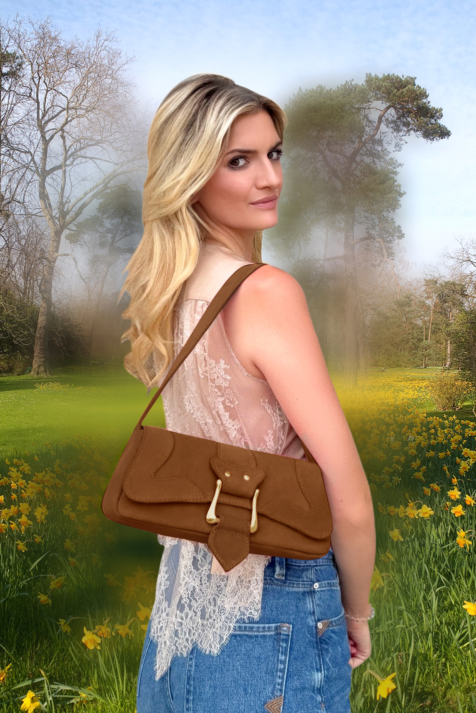 Petit sac baguette habillé femme en cuir marron caramel - Vue du dessus