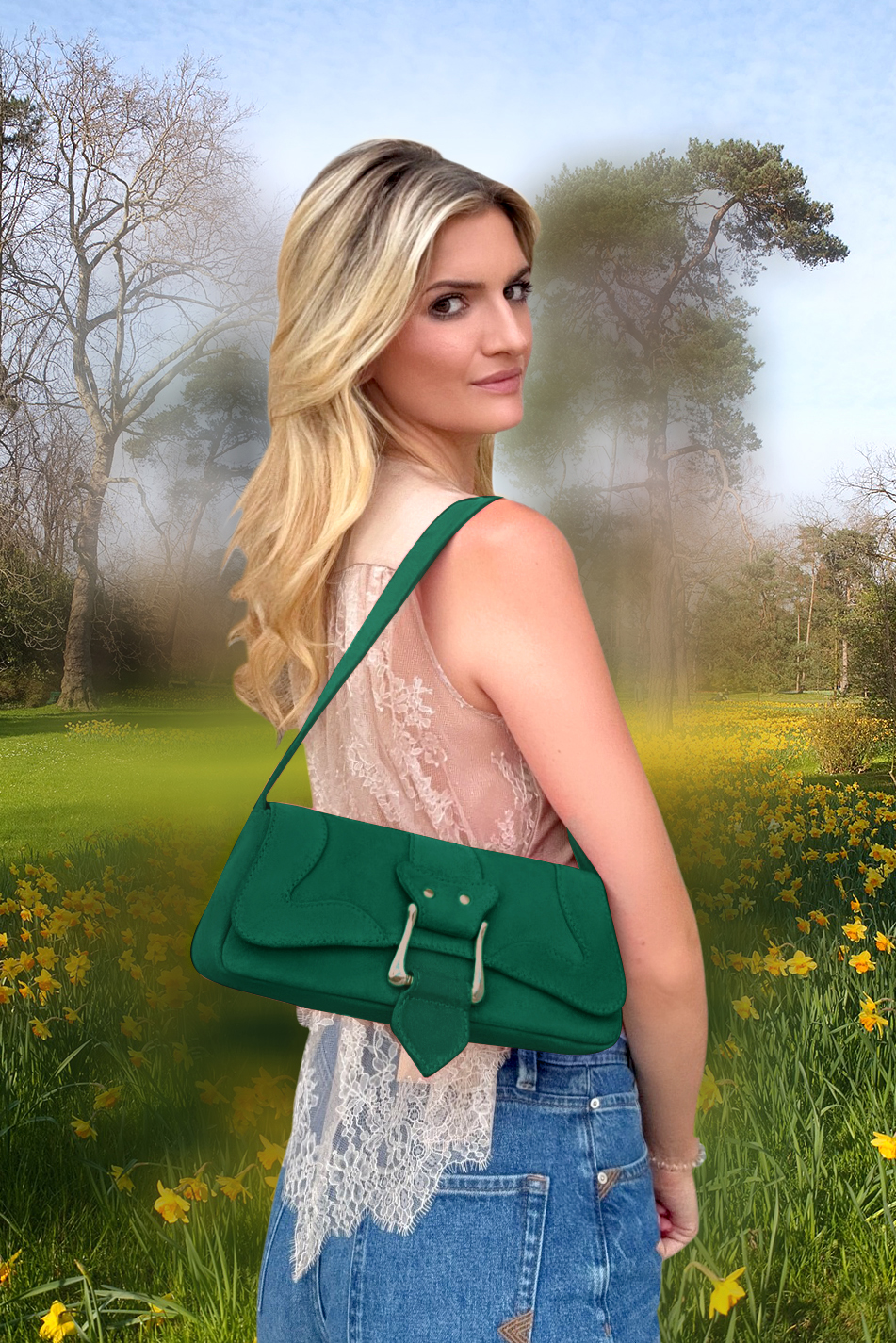 Petit sac baguette habillé femme en cuir vert émeraude - Vue du dessus