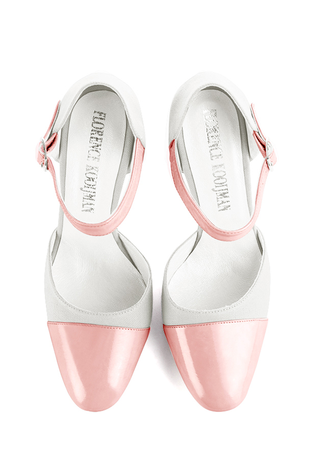 Chaussures bride cou-de-pied femme rose pâle et blanc pur. Bout rond. Talon fin de 9.5 cm - Vue du dessus