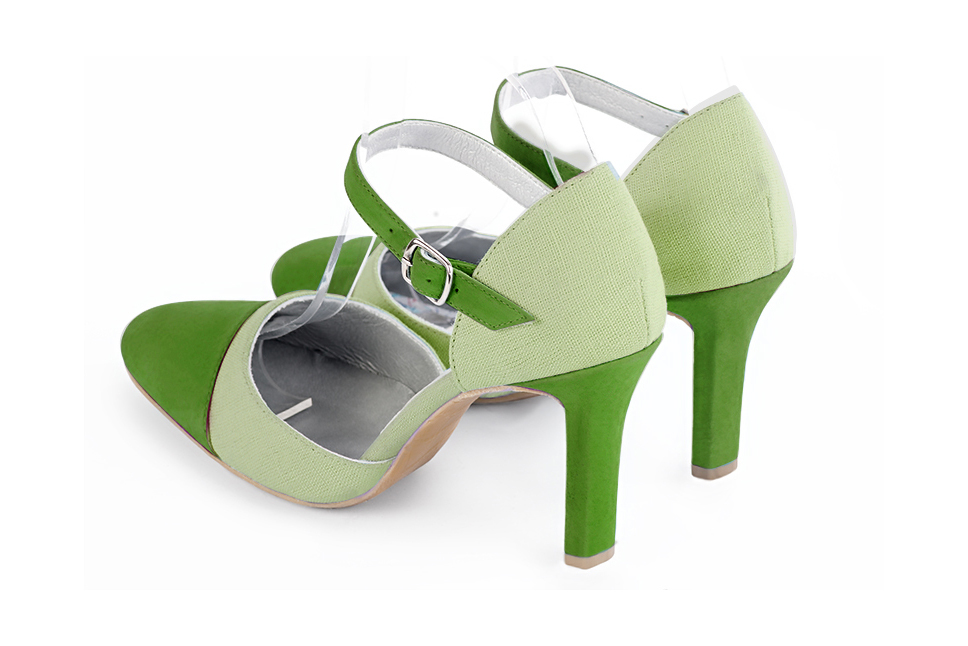Chaussures bride cou-de-pied femme ouvertes sur les côtés vert anis et vert tilleul. Bout rond. Talon fin de 9.5 cm - Vue arrière