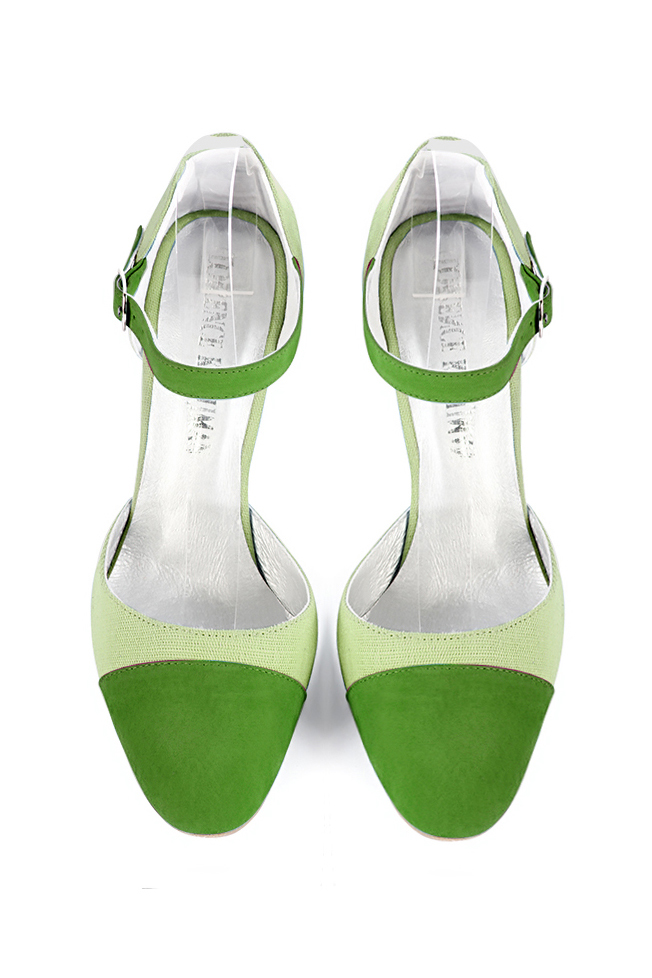Chaussures bride cou-de-pied femme ouvertes sur les côtés vert anis et vert tilleul. Bout rond. Talon fin de 9.5 cm - Vue du dessus