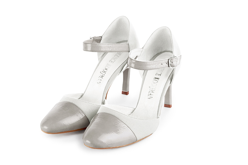Chaussures bride cou-de-pied femme gris perle et blanc pur. Bout rond. Talon fin de 9.5 cm - Vue avant