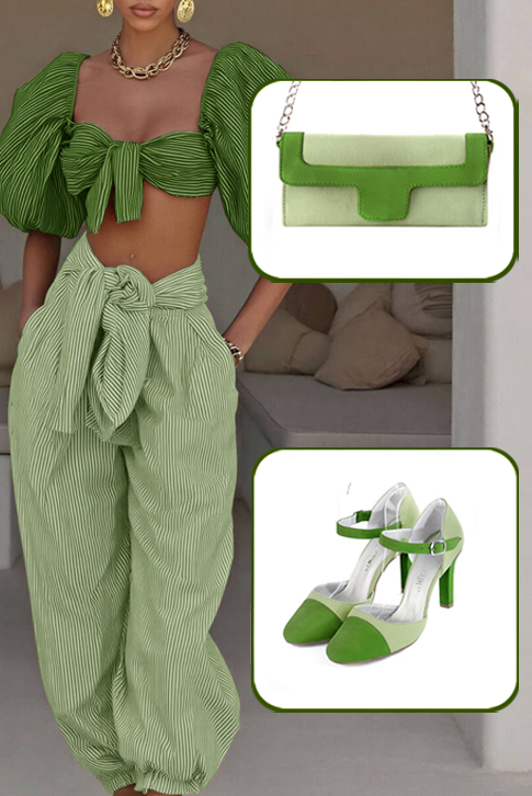 Chaussures bride cou-de-pied femme ouvertes sur les côtés vert anis et vert tilleul. Bout rond. Talon fin de 9.5 cm - Vue porté
