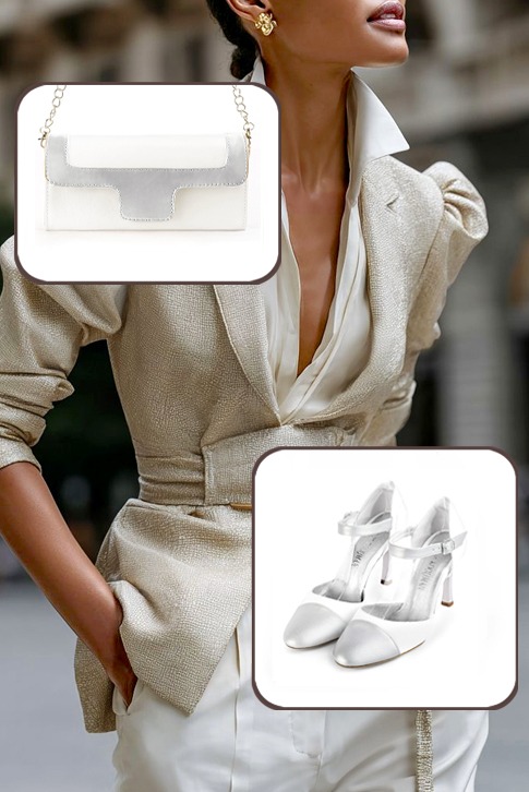 Chaussures bride cou-de-pied femme ouvertes sur les côtés argent et blanc pur. Bout rond. Talon fin de 9.5 cm - Vue porté