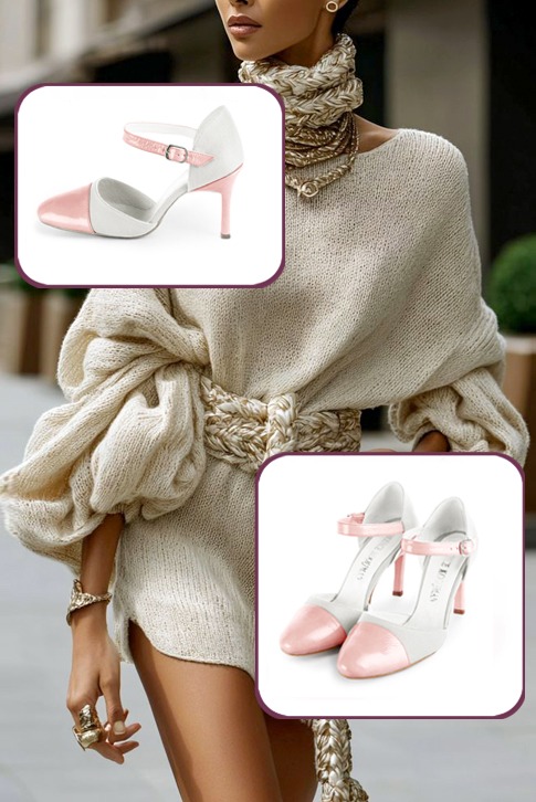 Florence Kooijman - Escarpins habillés bride cou-de-pied milieu ouvert cuir rose pâle et blanc pur à talon fin de 9.5 cm - Bout rond - Idéal mariages, soirées, look casual chic - Vue porté