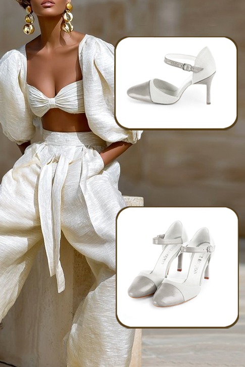Chaussures bride cou-de-pied femme ouvertes sur les côtés gris perle et blanc pur. Bout rond. Talon fin de 9.5 cm - Vue porté