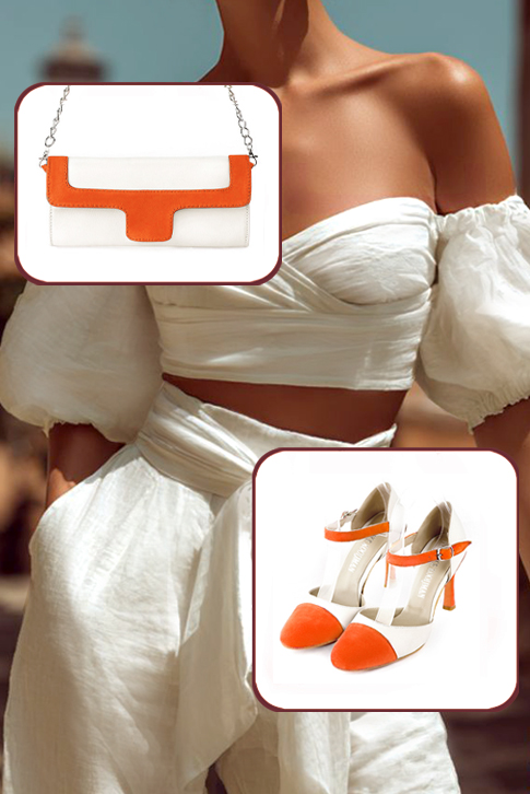 Chaussures bride cou-de-pied femme ouvertes sur les côtés orange clémentine et blanc cassé. Bout rond. Talon fin de 9.5 cm - Vue du dessus