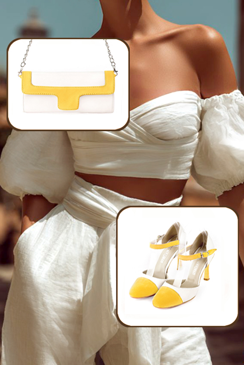 Chaussures bride cou-de-pied femme ouvertes sur les côtés jaune et blanc cassé. Bout rond. Talon fin de 9.5 cm - Vue du dessus