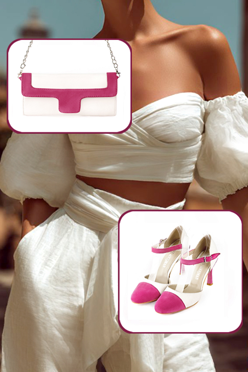 Chaussures bride cou-de-pied femme ouvertes sur les côtés rose fuchsia et blanc cassé. Bout rond. Talon fin de 9.5 cm - Vue porté