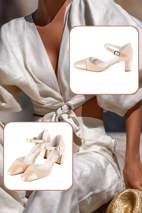 Chaussures bride cou-de-pied femme ouvertes sur les côtés rose poudré. Bout rond. Talon bottier de 6.5 cm - Vue du dessus