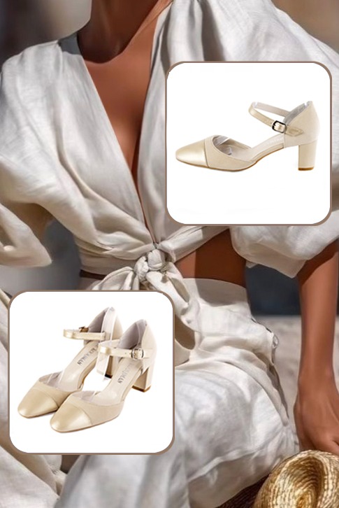 Chaussures bride cou-de-pied femme ouvertes sur les côtés or et blanc ivoire. Bout rond. Talon bottier de 6.5 cm - Vue du dessus