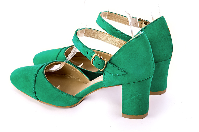 Chaussure femme à brides : Chaussure côtés ouverts bride cou-de-pied couleur vert émeraude. Bout rond. Talon mi-haut bottier. Vue arrière - Florence KOOIJMAN