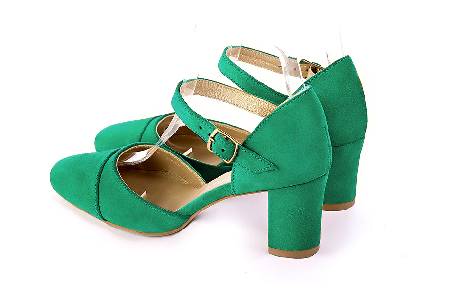Chaussures bride cou-de-pied femme ouvertes sur les côtés vert émeraude. Bout rond. Talon bottier de 6.5 cm - Vue arrière