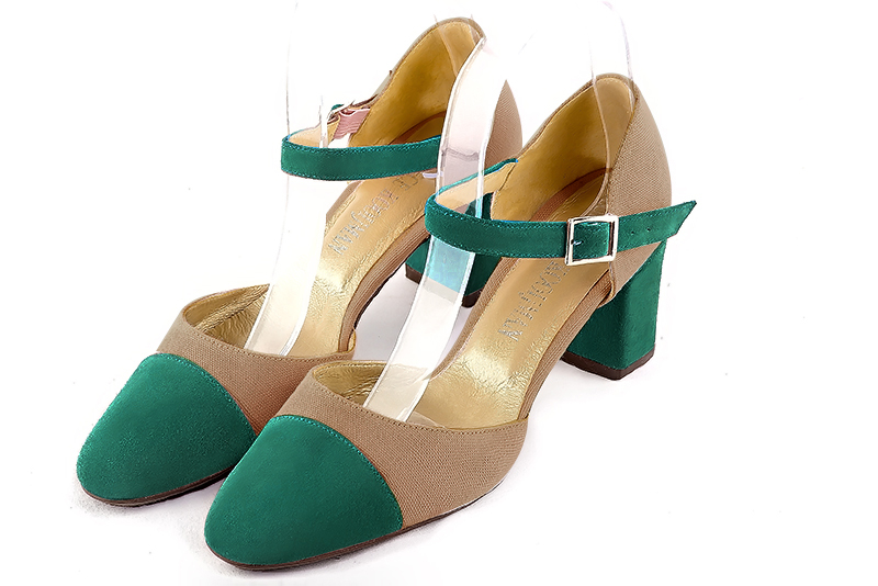 Chaussure femme à brides : Chaussure côtés ouverts bride cou-de-pied couleur vert émeraude et beige sahara. Bout rond. Talon mi-haut bottier Vue avant - Florence KOOIJMAN