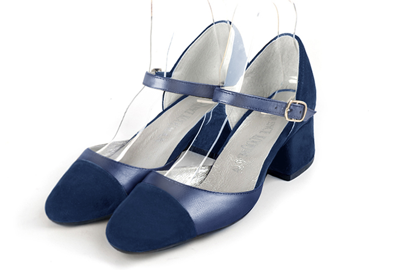 Chaussures bride cou-de-pied femme ouvertes sur les côtés bleu marine et vieil or. Bout rond. Talon évasé de 4.5 cm - Vue avant