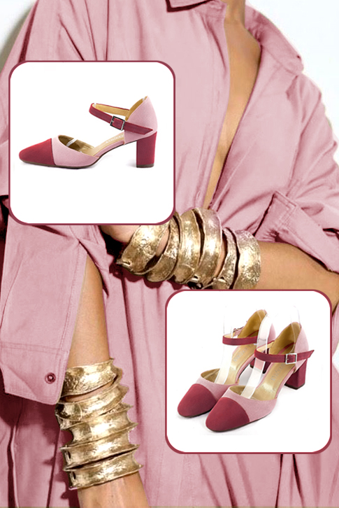 Chaussures bride cou-de-pied femme ouvertes sur les côtés rouge framboise et vieux rose. Bout rond. Talon bottier de 6.5 cm - Vue du dessus