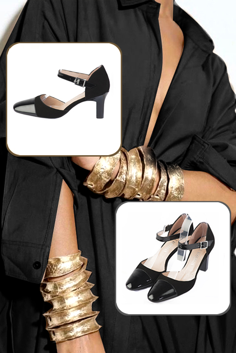 Chaussures bride cou-de-pied femme ouvertes sur les côtés noir brillant et noir mat. Bout rond. Talon trotteur de 8 cm - Vue porté