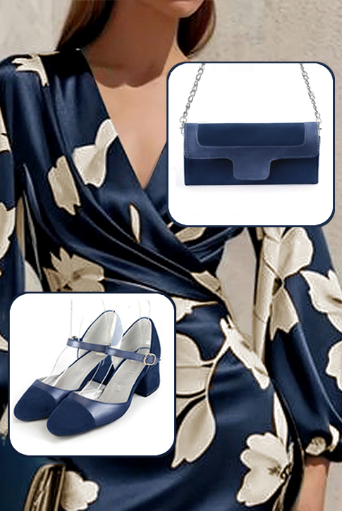 Chaussures bride cou-de-pied femme ouvertes sur les côtés bleu marine et bleu indigo. Bout rond. Talon évasé de 4.5 cm - Vue porté