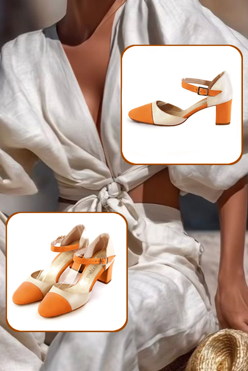 Chaussures bride cou-de-pied femme ouvertes sur les côtés orange abricot et blanc ivoire. Bout rond. Talon bottier de 6.5 cm - Vue du dessus