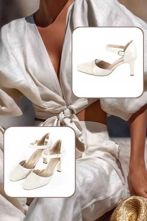 Chaussures bride cou-de-pied femme ouvertes sur les côtés blanc cassé et blanc pur. Bout rond. Talon trotteur de 8 cm - Vue du dessus