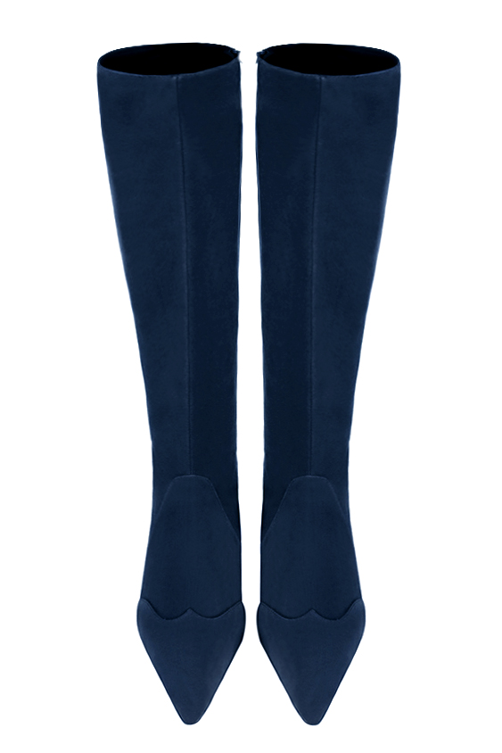Bottes féminines élégantes et raffinées, réalisées sur mesure, coloris bleu marine. Bout pointu. Mi-haut. Talon évasé. Mollets fins ou larges. Personnalisation : Choix des cuirs, des couleurs et des talons. - Florence KOOIJMAN