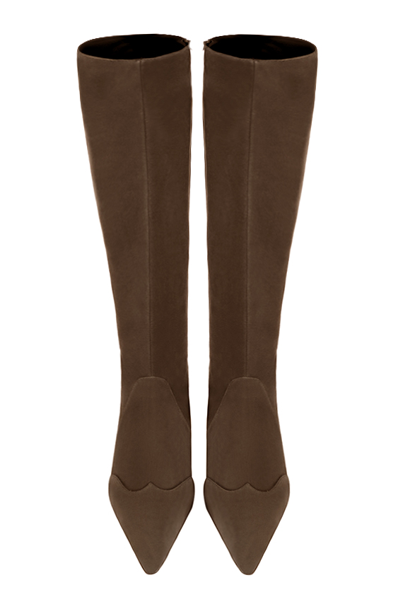 Bottes femme sur mesure marron chocolat. Bout pointu. Talon évasé de 3.5 cm - Vue du dessus