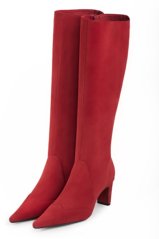 Bottes femme sur mesure rouge coquelicot. Bout pointu. Talon virgule de 6.5 cm - Vue avant